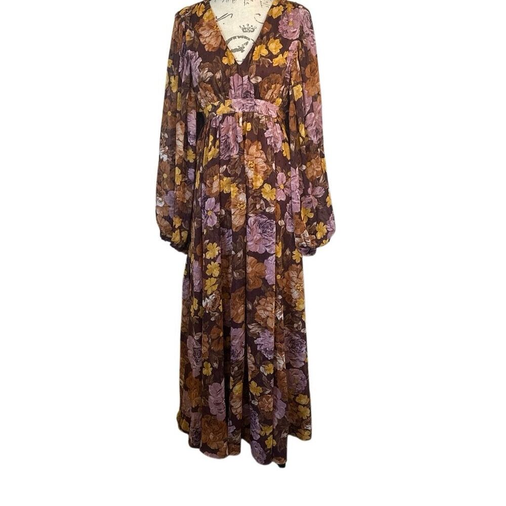 Aura Fall Floral Ballon long Sleeve Maxi Dress S